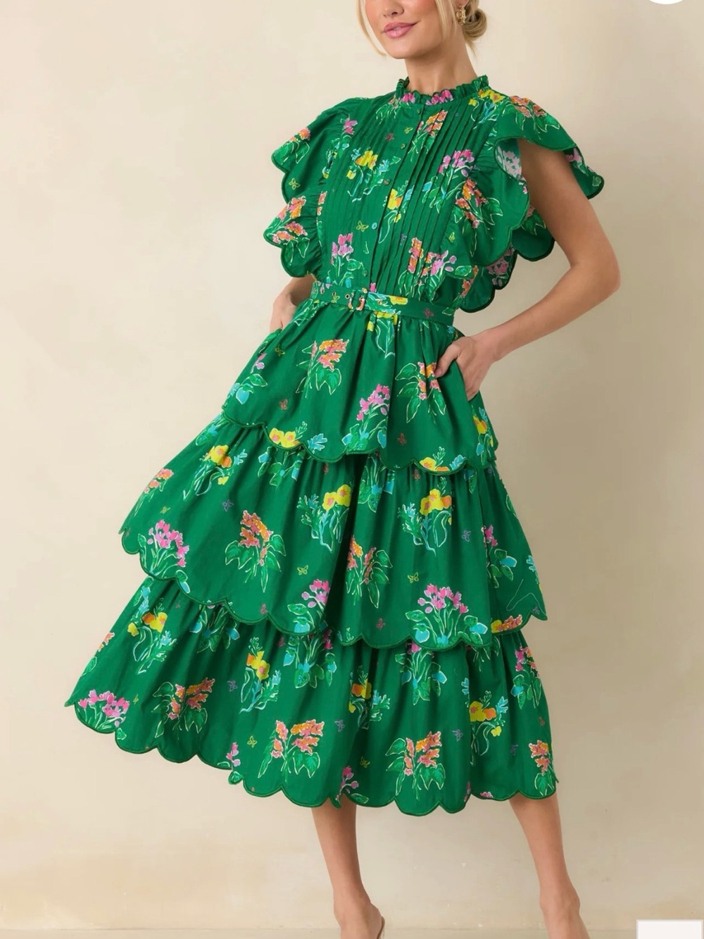 PROSPERINA MARIS GREEN MULTI FLORAL COTTON TIERED RUFFLE MIDI DRESS